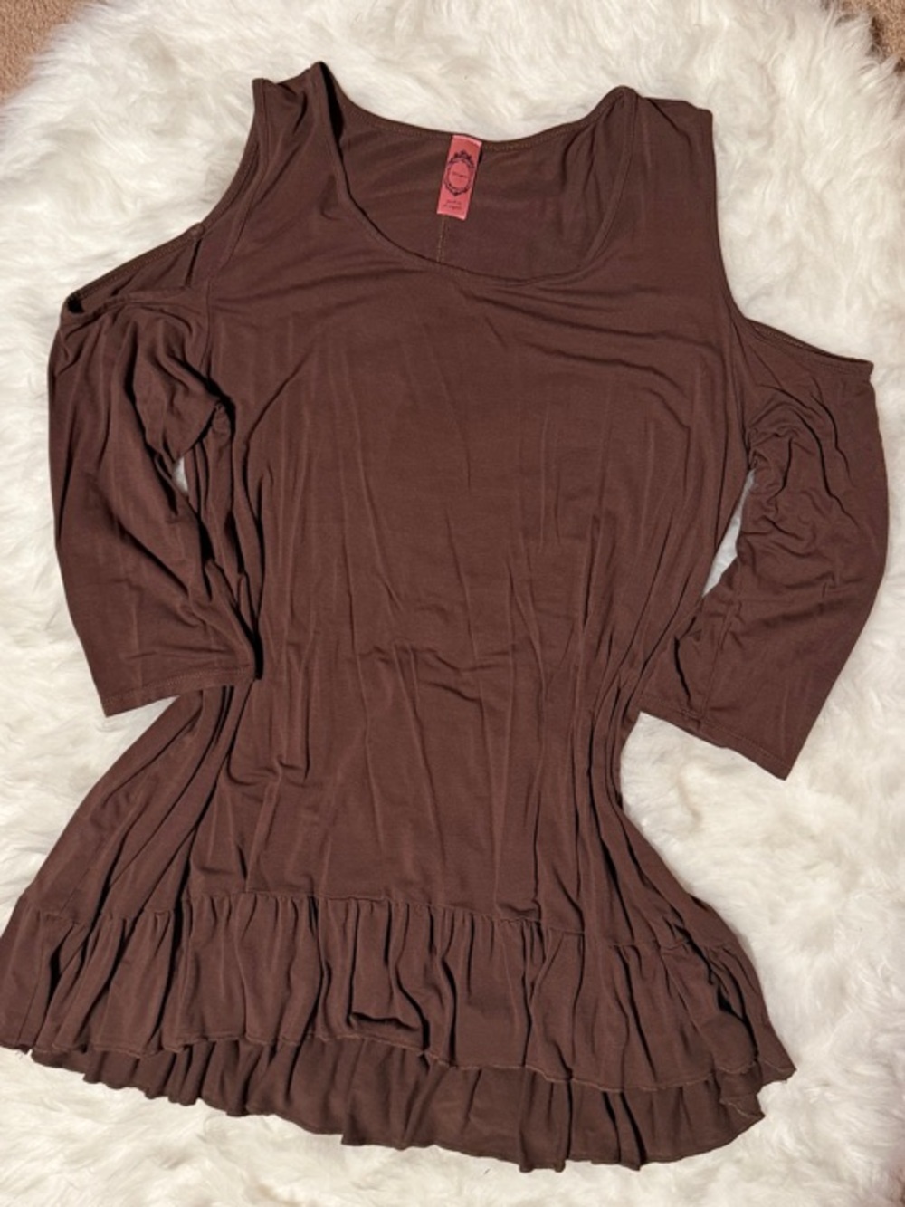 Honeyme Brown Cold-Shoulder Ruffle Hem Tunic